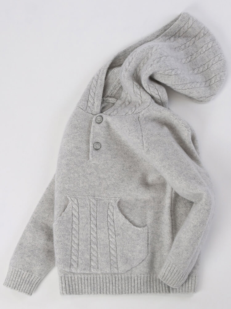 Kids Light Gray Cable Knit Cashmere Hoodie with Kangaroo Pocket